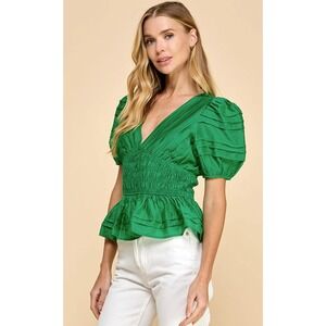 TCEC Tammy Puff Sleeve Peplum Top  Green Smocked V-Neck Womens Large